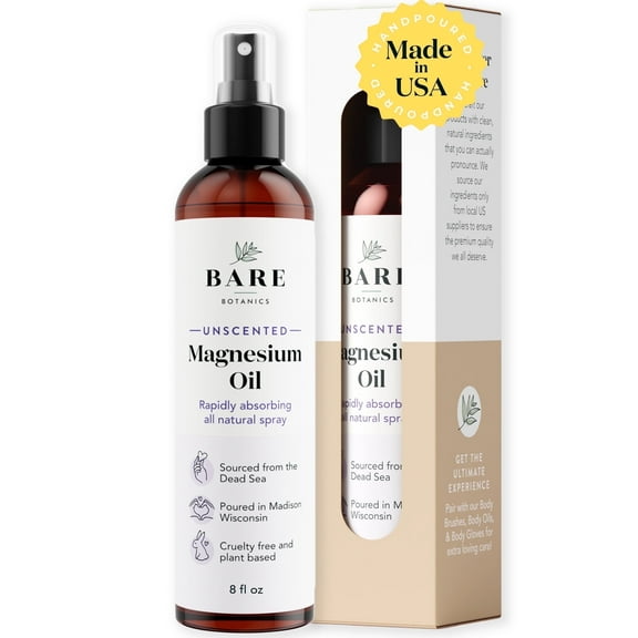 Bare Botanics Magnesium Oil Spray Unscented 8 fl oz | Sourced from the Dead Sea, Made in Wisconsin