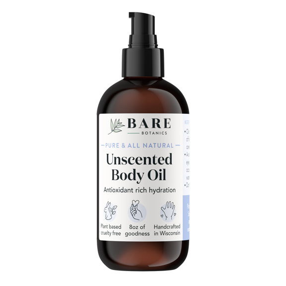 Bare Botanics Unscented Body Oil Natural Skin Moisturizer 8 fl oz
