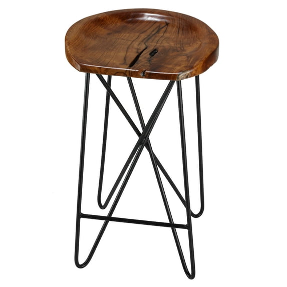 Bare Decor Aloha Backless Live Edge Teak Counter Stool with Solid Black Metal Legs, 27" Tall