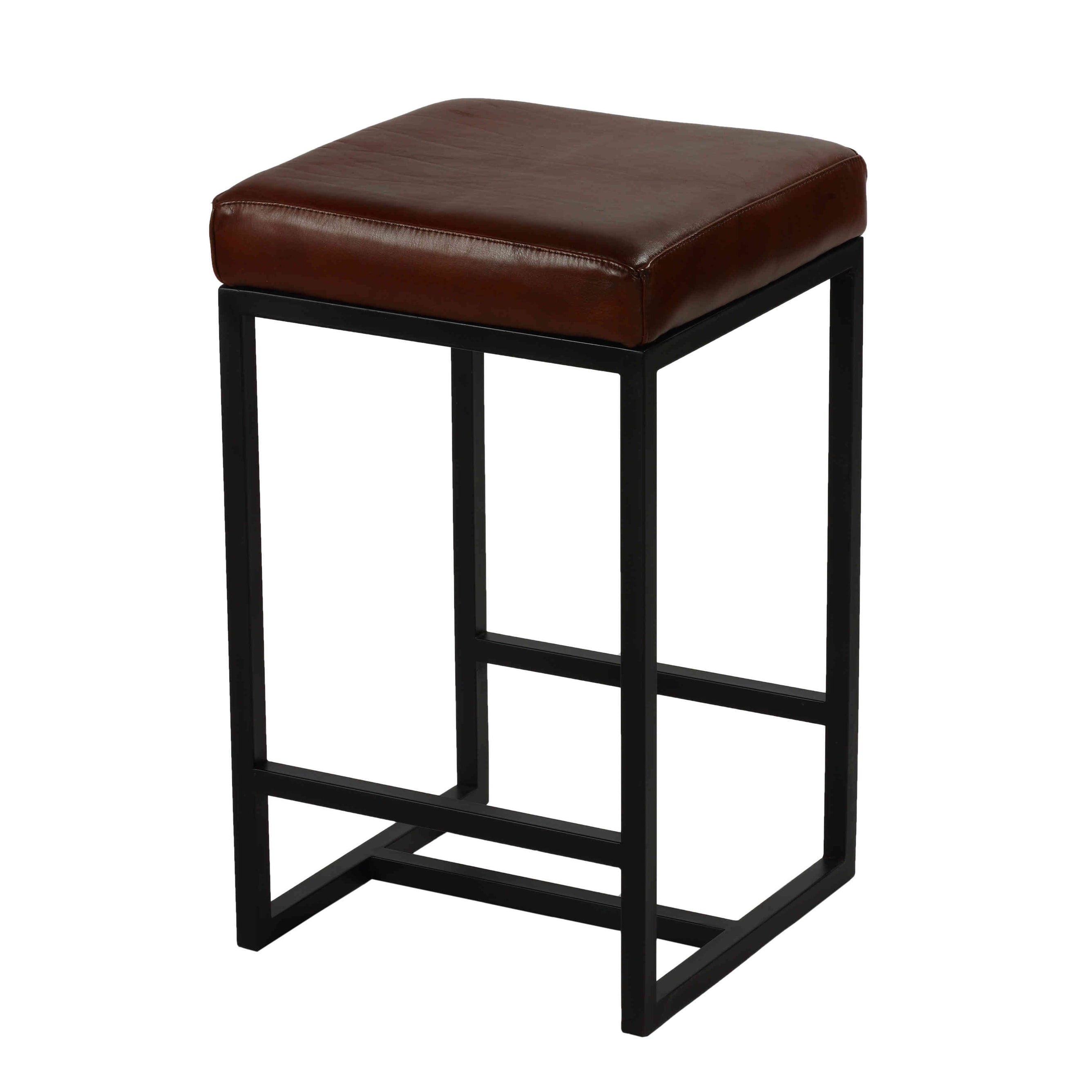 Cognac Brown Leather Backless Counter Stool with Metal Frame