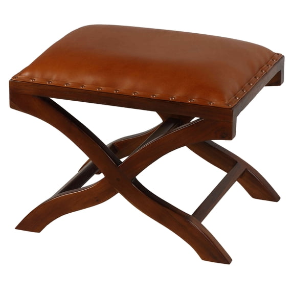 Bare Decor Daniela X Bench Ottoman in Genuine 100% Leather and Teak, Brown