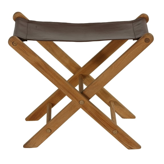Bare Decor Davie Genuine Teak and Leather Folding Accent Stool in Brown, 18"