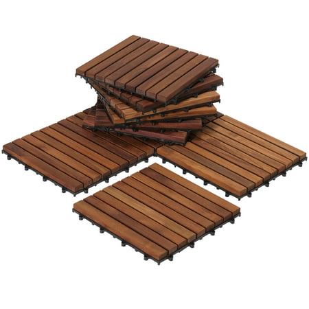 Bare Decor EZ-Floor Interlocking Flooring Tiles in Solid Teak Wood (Set of 10), Long 9 Slat