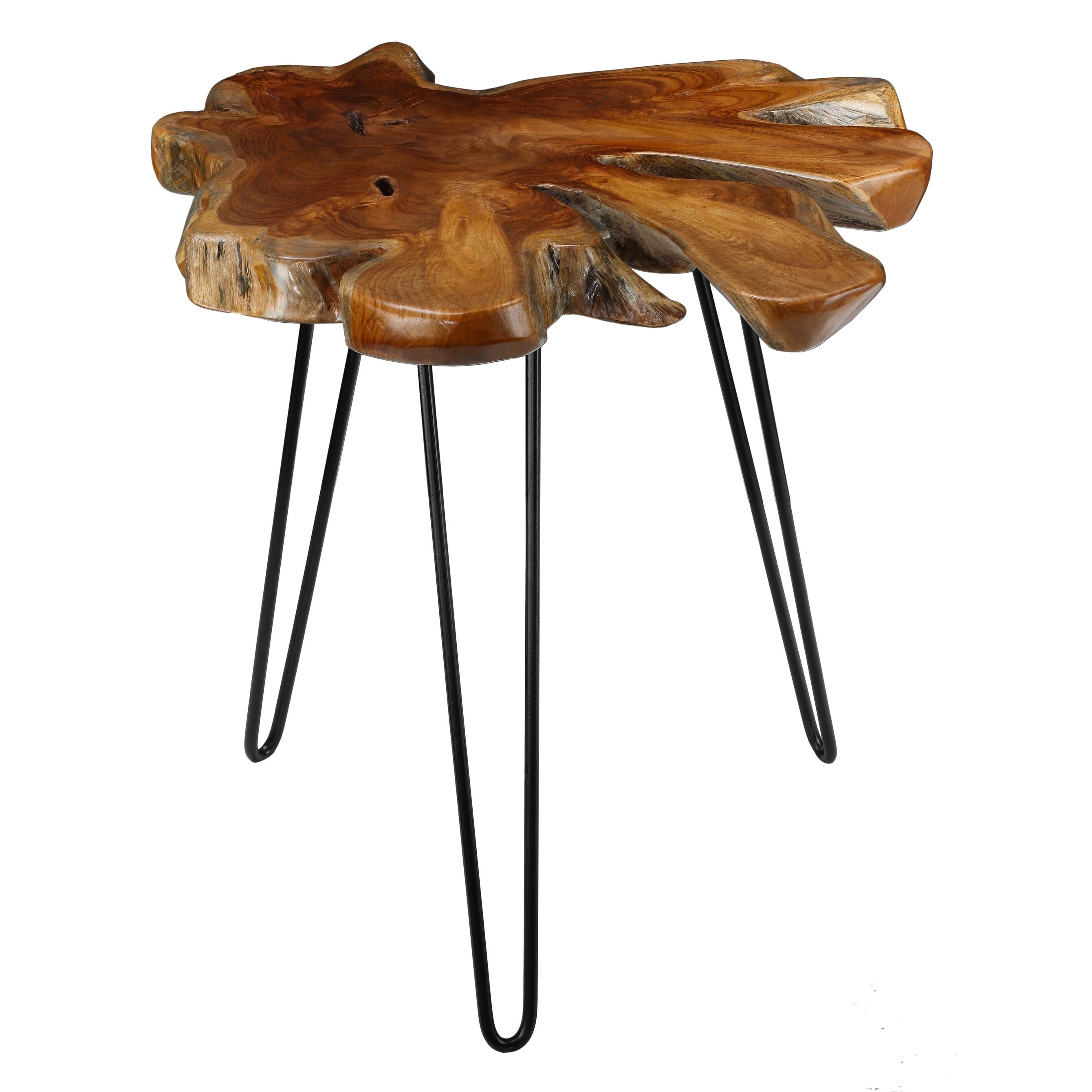 Evan Rustic Teak Wood & Black Metal Hairpin Accent Table