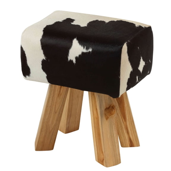 Bare Decor Juliet Genuine 100% Hide and Teak Vanity Stool Ottoman, Black and White