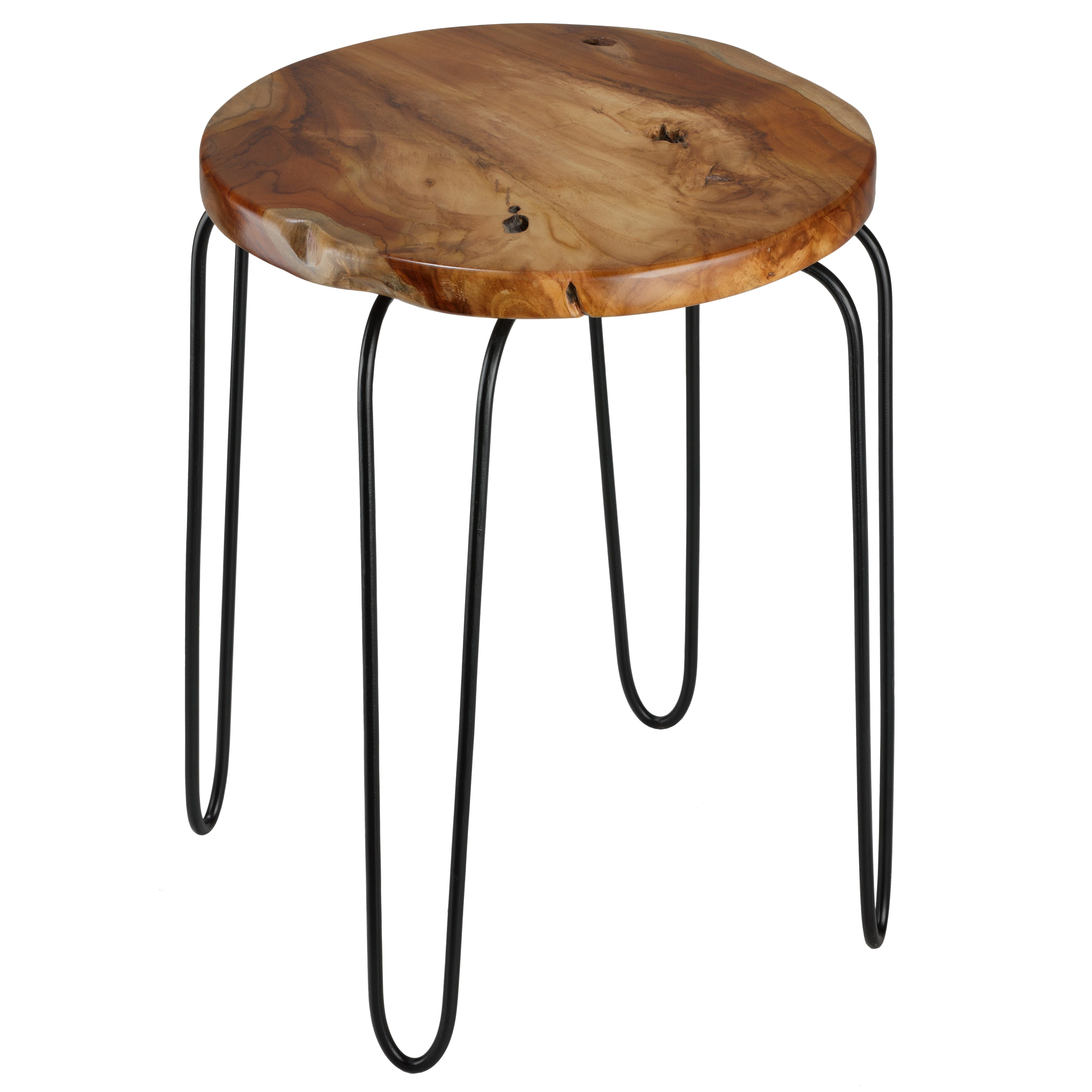 Round Teak and Black Metal Industrial End Table