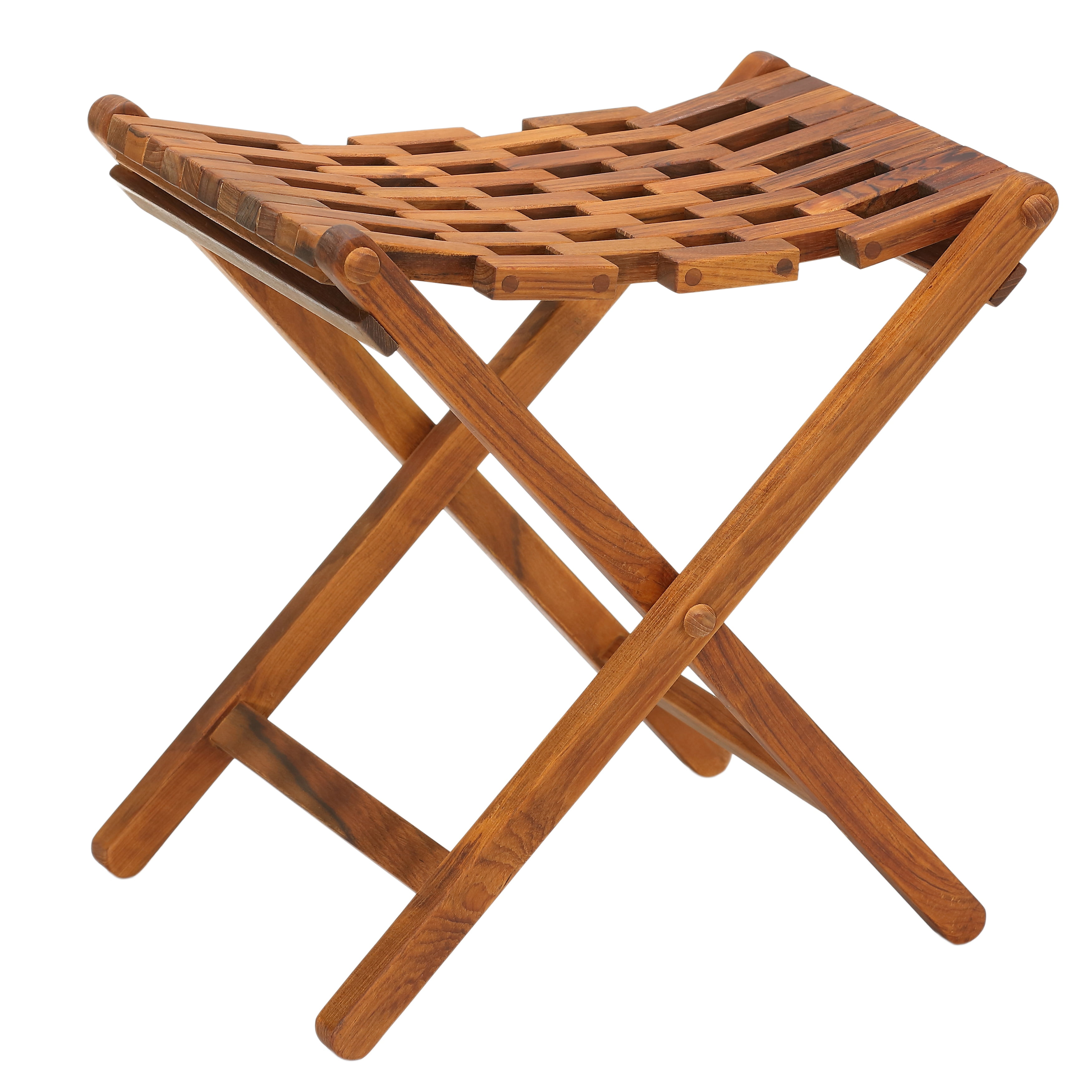 Teak Wood Mosaic Folding Stool with Trellis Design