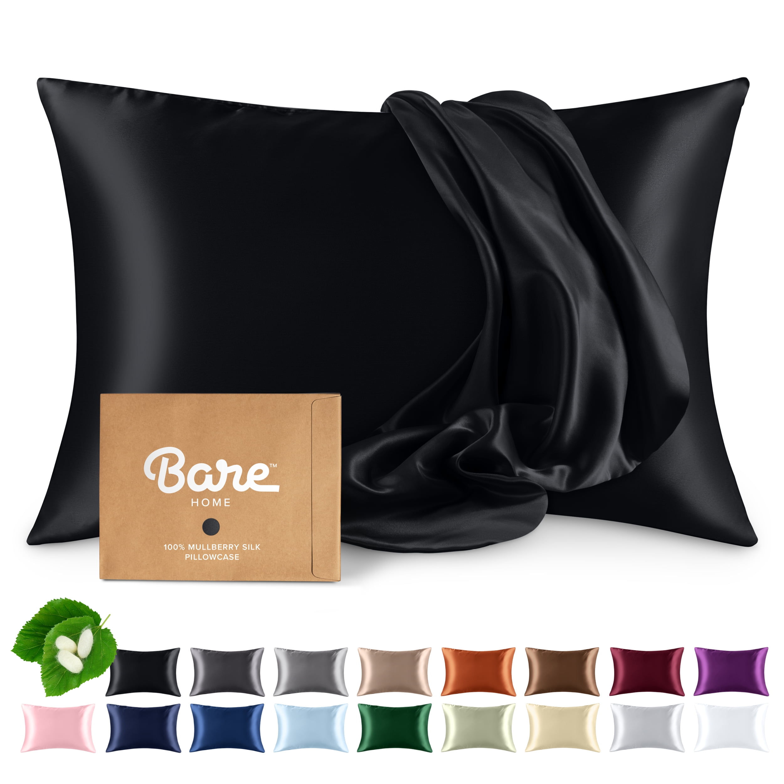 Bare Home 100% Mulberry Silk Zipper Pillowcase - Perfect for Hair and Skin - Premium 6A Grade, 19 Momme Silk - King, Black