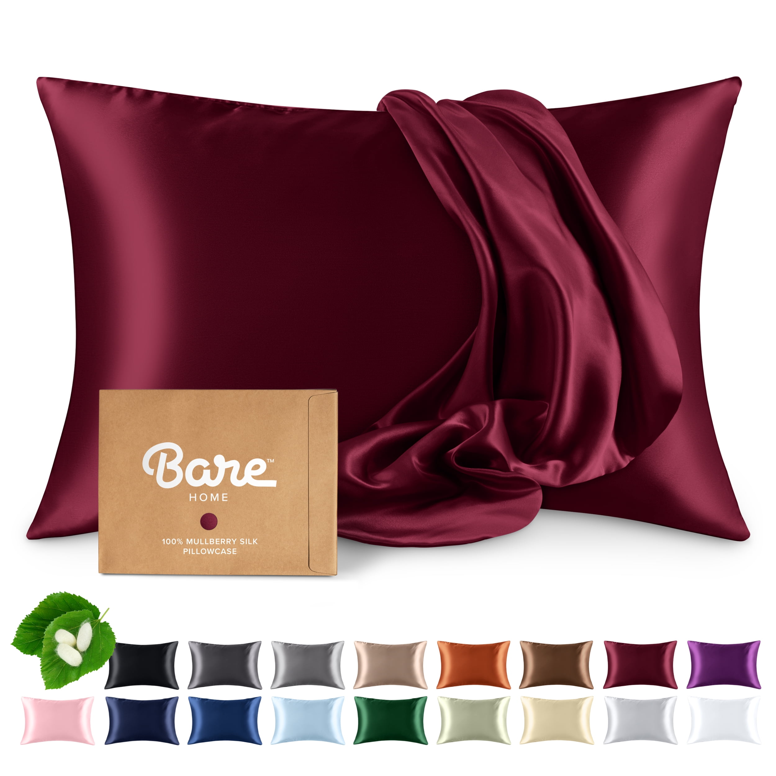 Bare Home 100% Mulberry Silk Zipper Pillowcase - Perfect for Hair and Skin - Premium 6A Grade, 19 Momme Silk - King, Burgundy