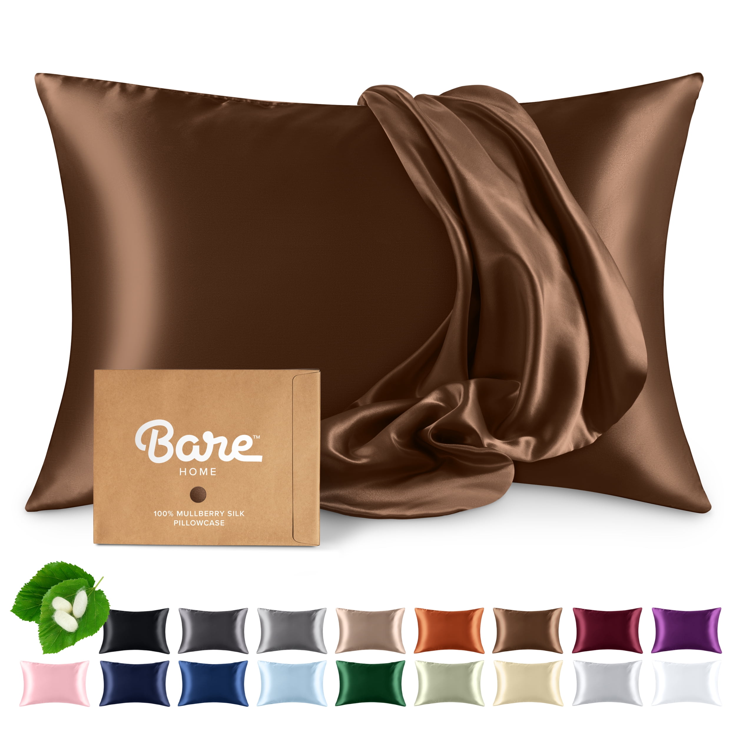Bare Home 100% Mulberry Silk Zipper Pillowcase - Perfect for Hair and Skin - Premium 6A Grade, 19 Momme Silk - King, Cocoa
