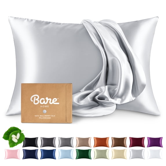 Bare Home 100% Mulberry Silk Zipper Pillowcase - Perfect for Hair and Skin - Premium 6A Grade, 19 Momme Silk - King, Silver