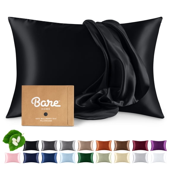 Bare Home 100% Mulberry Silk Zipper Pillowcase - Perfect for Hair and Skin - Premium 6A Grade, 19 Momme Silk - Queen, Black