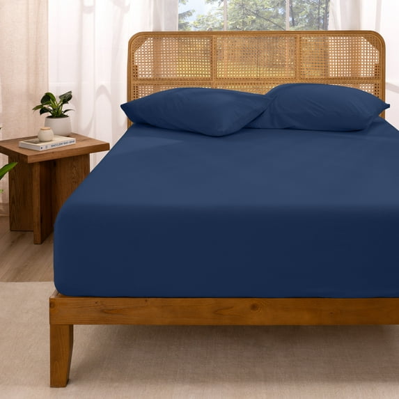 Bare Home 100% Organic Cotton Fitted Sheet - Jersey Weave - 150 GSM - Full, Dark Blue