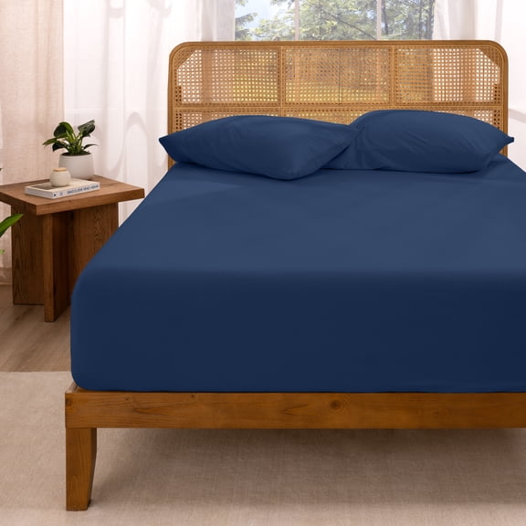 Bare Home 100% Organic Cotton Fitted Sheet - Jersey Weave - 150 GSM - Queen, Dark Blue