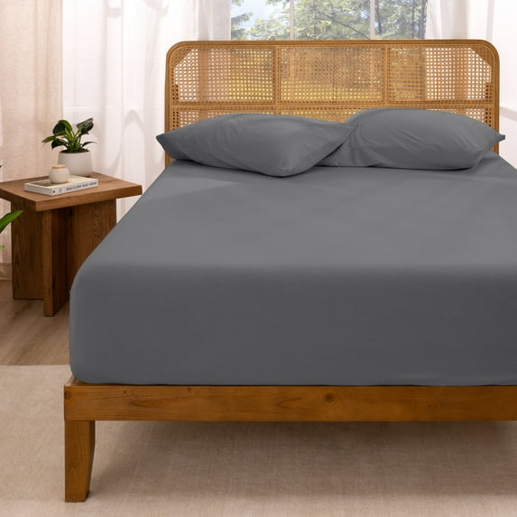 Bare Home 100% Organic Cotton Fitted Sheet - Jersey Weave - 150 GSM - Queen, Gray