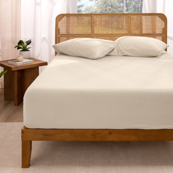 Bare Home 100% Organic Cotton Fitted Sheet - Jersey Weave - 150 GSM - Queen, Sand