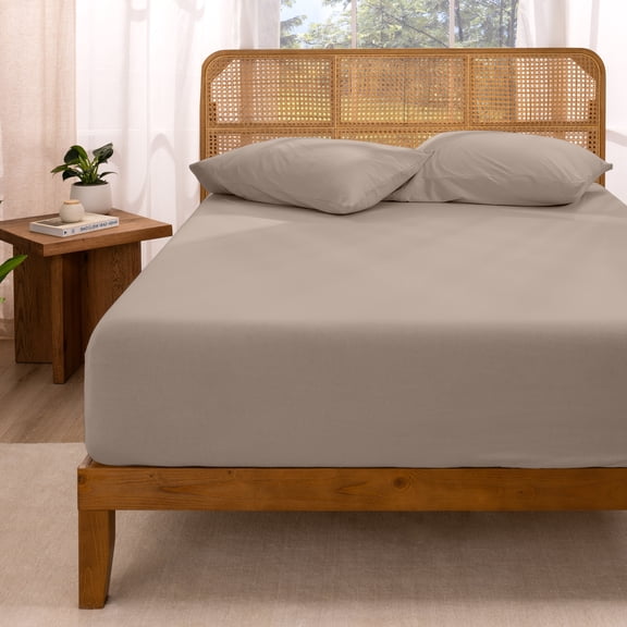 Bare Home 100% Organic Cotton Fitted Sheet - Jersey Weave - 150 GSM - Queen, Taupe