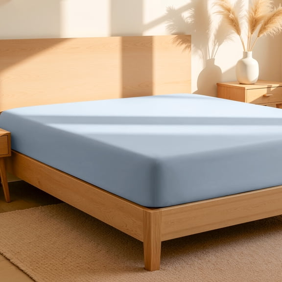 Bare Home 100% Organic Cotton Fitted Sheet - Percale Weave  - Queen,  Dusty Blue