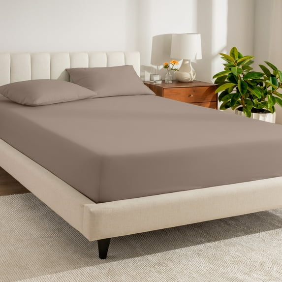 Bare Home 100% Organic Cotton Fitted Sheet - Percale Weave - Queen, Taupe