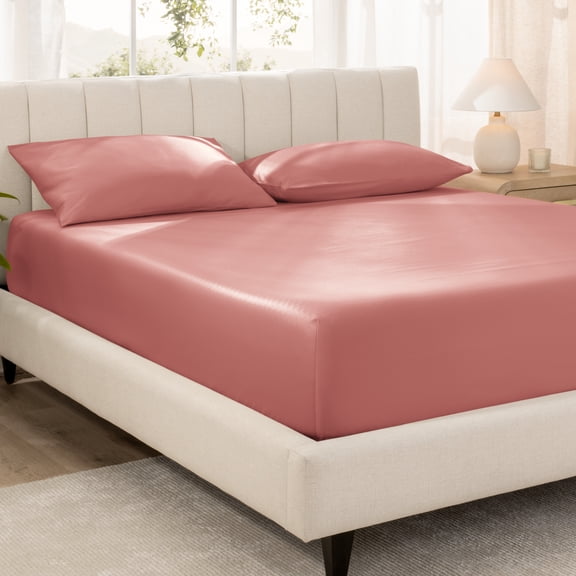Bare Home 100% Organic Cotton Fitted Sheet - Sateen Weave - 400 Thread Count - Queen, Dusty Rose