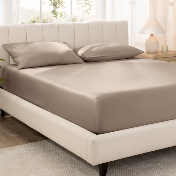 Bare Home 100% Organic Cotton Fitted Sheet - Sateen Weave - 400 Thread Count - Queen, Taupe