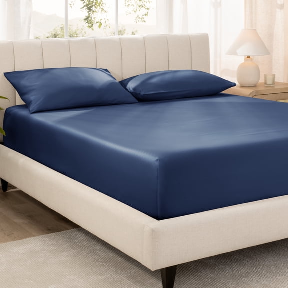 Bare Home 100% Organic Cotton Fitted Sheet - Sateen Weave - 400 Thread Count - Twin XL, Dark Blue