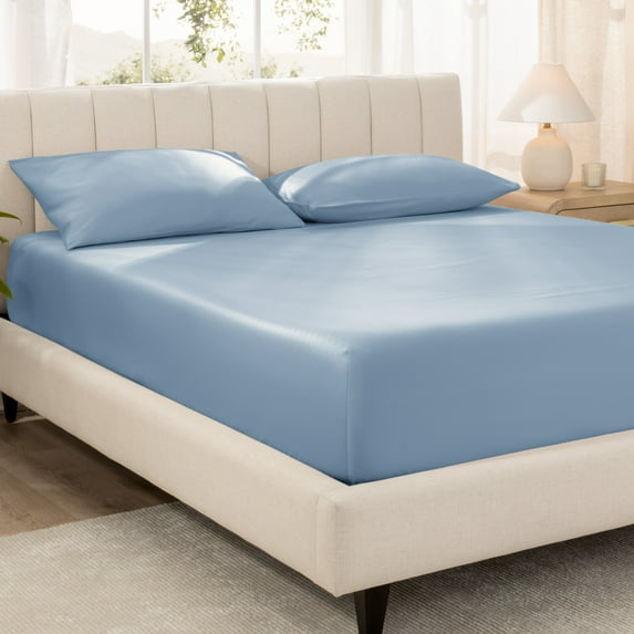 Bare Home 100% Organic Cotton Fitted Sheet - Sateen Weave - 400 Thread Count - Twin XL, Dusty Blue