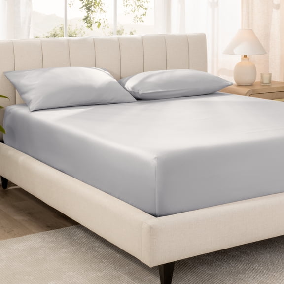 Bare Home 100% Organic Cotton Fitted Sheet - Sateen Weave - 400 Thread Count - Twin XL, Light Gray