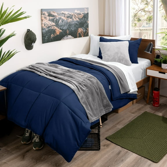 Bare Home 11 Piece Dorm Ready Bedding Set - Ultra-Soft 1800 Premium - Twin, Dark Blue/White/Light Gray
