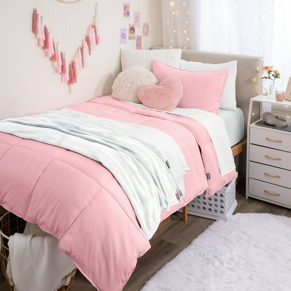 Bare Home 14 Piece Dorm Ready Bedding Set - Ultra-Soft 1800 Premium - Full, Light Pink/White/White