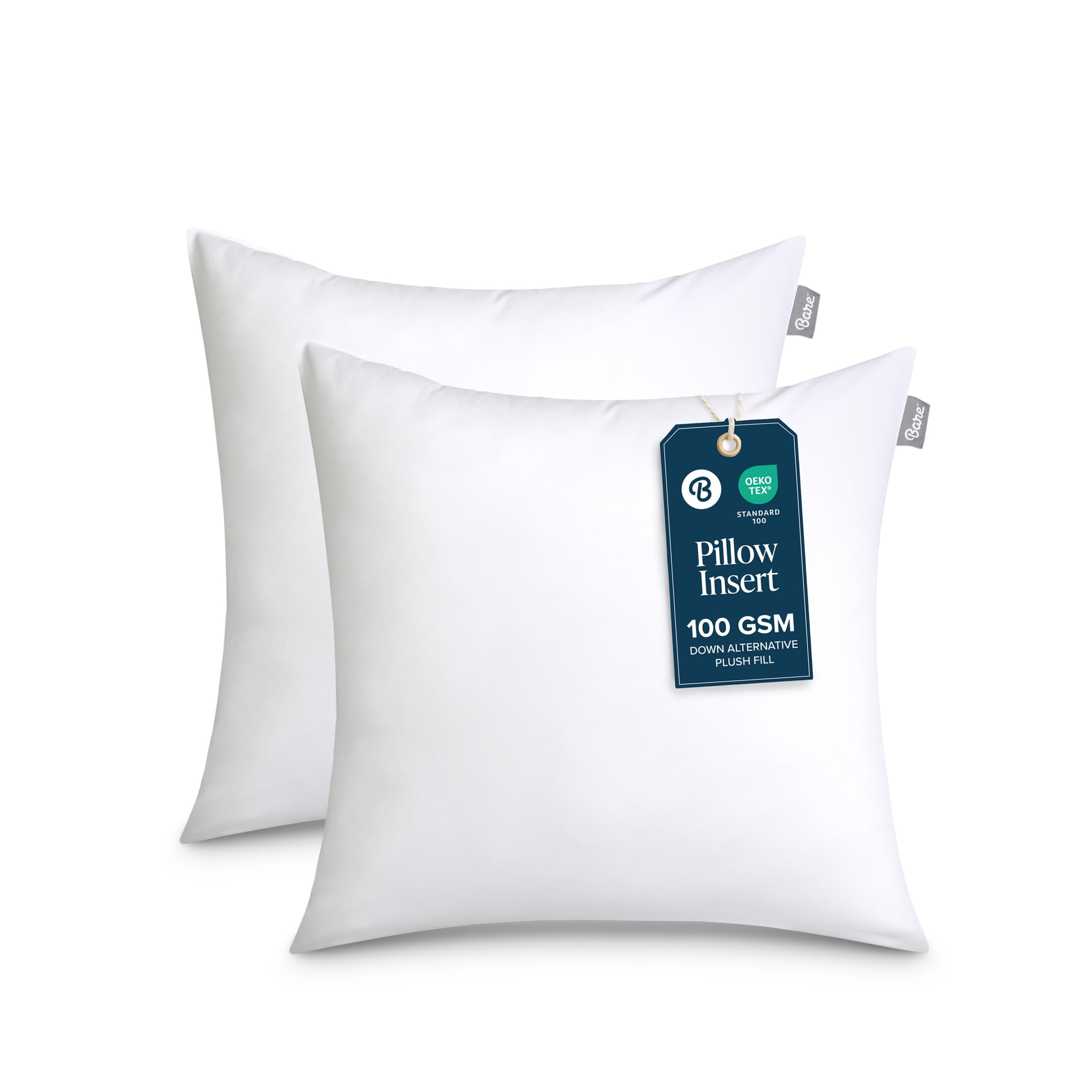 Bare Home 16"x16" Pillow Inserts, Decorative Square Pillow Insert for Sofa/Couch, Set of 2, White