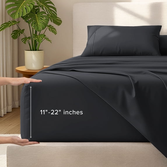 Bare Home 22" Extra Deep Pocket Sheet Set - Premium 1800 Collection - Ultra-Soft - Queen, Black