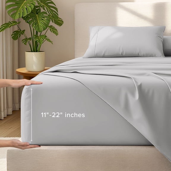 Bare Home 22" Extra Deep Pocket Sheet Set - Premium 1800 Collection - Ultra-Soft - Queen, Light Gray