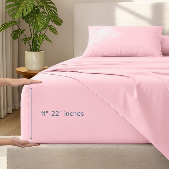 Bare Home 22" Extra Deep Pocket Sheet Set - Premium 1800 Collection - Ultra-Soft - Queen, Light Pink