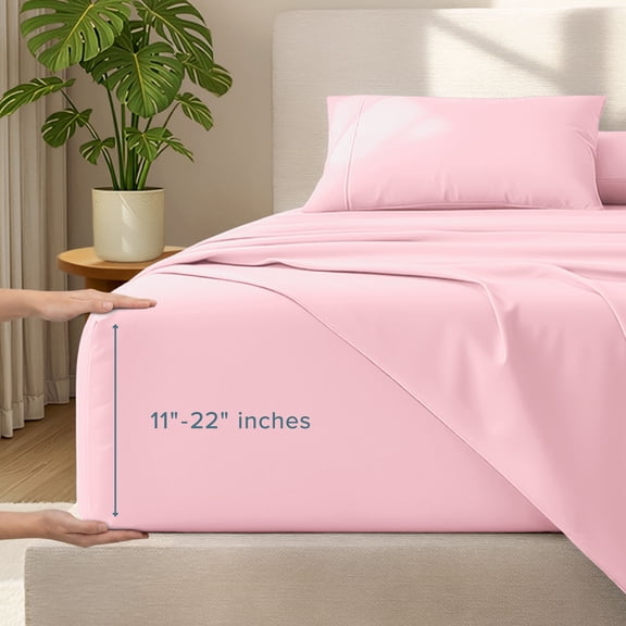 Bare Home 22" Extra Deep Pocket Sheet Set - Premium 1800 Collection - Ultra-Soft - Queen, Light Pink