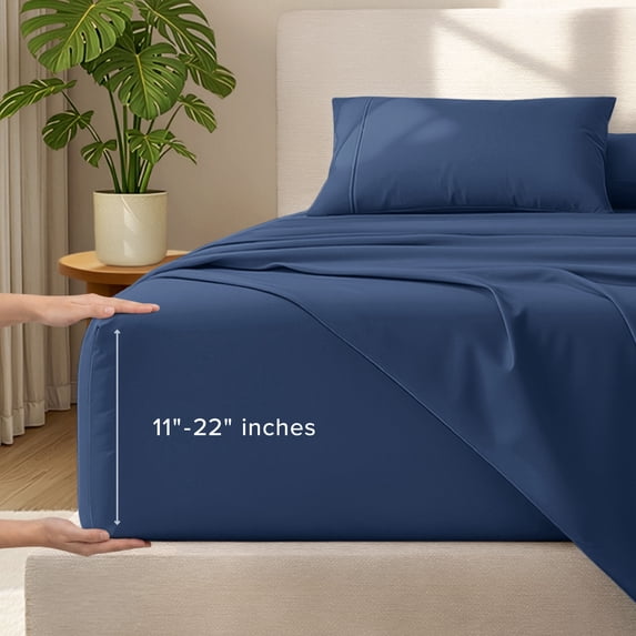 Bare Home 22" Extra Deep Pocket Sheet Set - Premium 1800 Collection - Ultra-Soft - Twin, Dark Blue