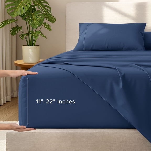 Bare Home 22" Extra Deep Pocket Sheet Set - Premium 1800 Collection - Ultra-Soft - Twin, Dark Blue