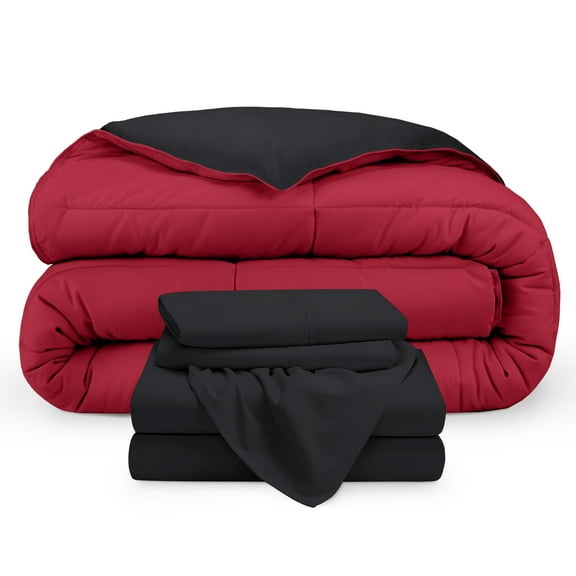 Bare Home 4-Piece Reversible Bed-in-a-Bag - Premium 1800 Collection - Twin, Black/Red Comforter with Black Sheet Set