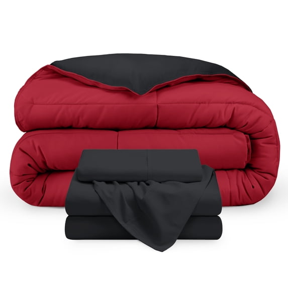 Bare Home 4-Piece Reversible Bed-in-a-Bag - Premium 1800 Collection - Twin, Black/Red Comforter with Black Sheet Set