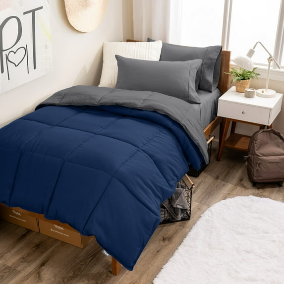 Bare Home 4-Piece Reversible Bed-in-a-Bag - Premium 1800 Collection - Twin, Dark Blue/Gray Comforter with Gray Sheet Set