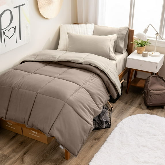 Bare Home 4-Piece Reversible Bed-in-a-Bag - Premium 1800 Collection - Twin, Sand/Taupe Comforter with Sand Sheet Set