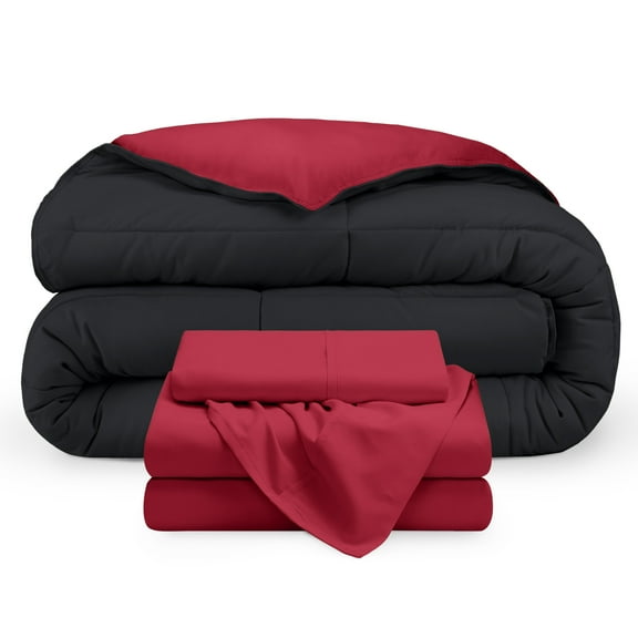 Bare Home 4-Piece Reversible Bed-in-a-Bag - Premium 1800 Collection - Twin XL, Black/Red Comforter with Red Sheet Set