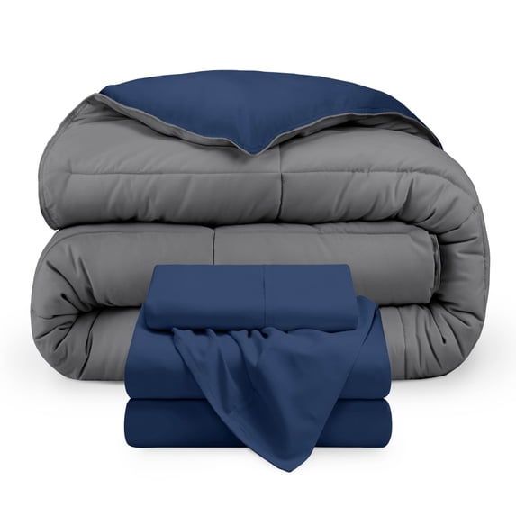 Bare Home 4-Piece Reversible Bed-in-a-Bag - Premium 1800 Collection - Twin XL, Dark Blue/Gray Comforter with Dark Blue Sheet Set