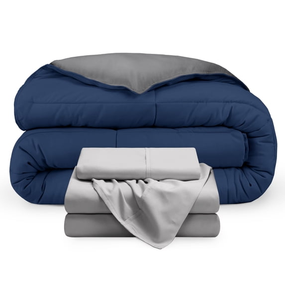 Bare Home 4-Piece Reversible Bed-in-a-Bag - Premium 1800 Collection - Twin XL, Dark Blue/Gray Comforter with Light Gray Sheet Set