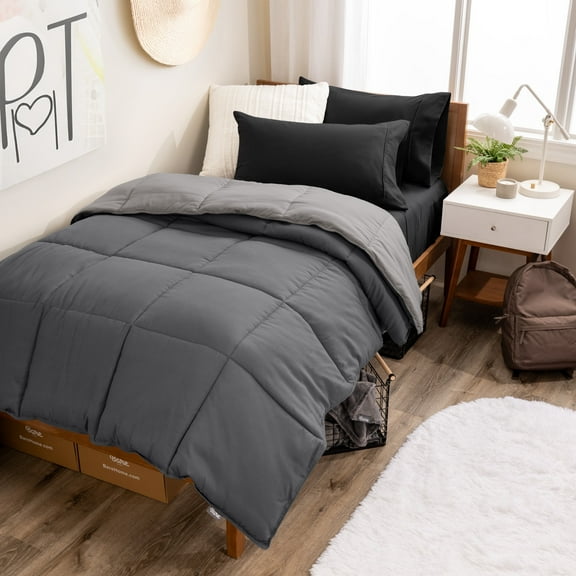Bare Home 4-Piece Reversible Bed-in-a-Bag - Premium 1800 Collection - Twin XL, Light Gray/Gray Comforter with Black Sheet Set