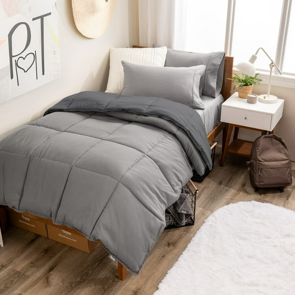 Bare Home 4-Piece Reversible Bed-in-a-Bag - Premium 1800 Collection - Twin XL, Light Gray/Gray Comforter with Light Gray Sheet Set