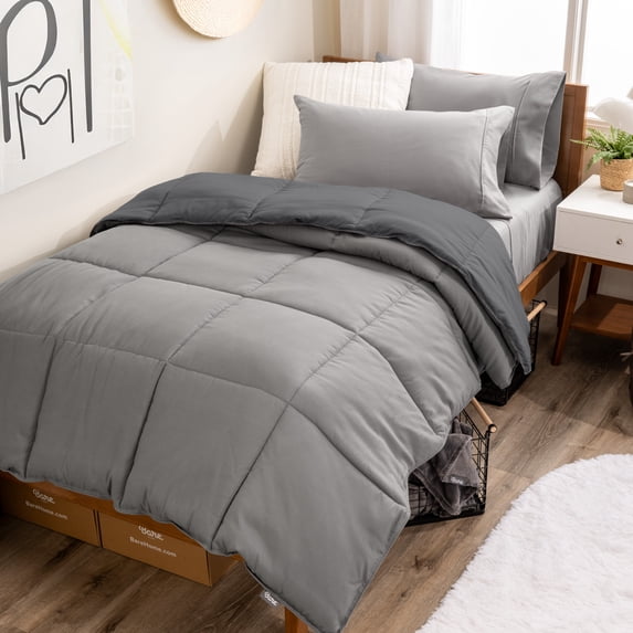 Bare Home 4-Piece Reversible Bed-in-a-Bag - Premium 1800 Collection - Twin XL, Light Gray/Gray Comforter with Light Gray Sheet Set