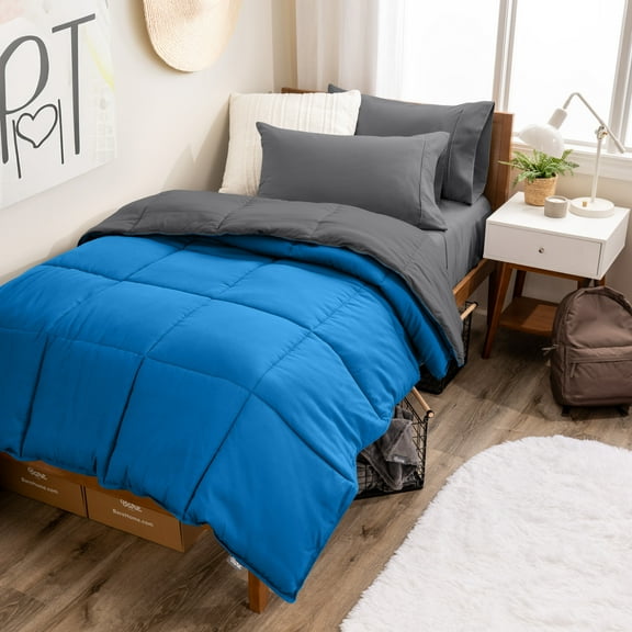 Bare Home 4-Piece Reversible Bed-in-a-Bag - Premium 1800 Collection - Twin XL, Medium Blue/Gray Comforter with Gray Sheet Set