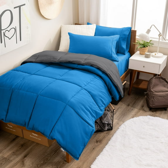 Bare Home 4-Piece Reversible Bed-in-a-Bag - Premium 1800 Collection - Twin XL, Medium Blue/Gray Comforter with Medium Blue Sheet Set