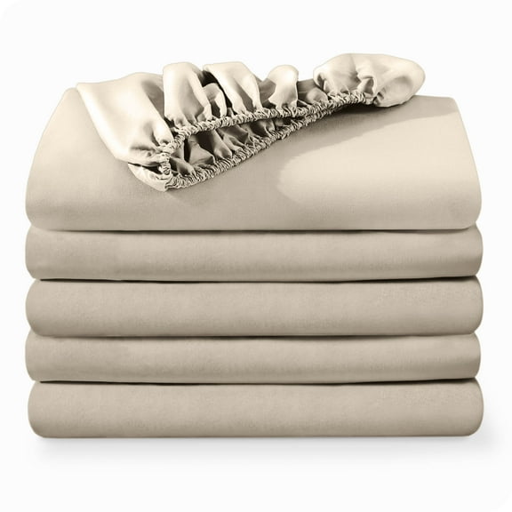 Bare Home 5-Pack Fitted Sheets - Premium 1800 Collection - Ultra-soft - Deep Pocket - Queen, Sand